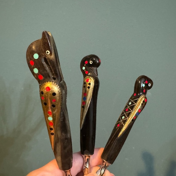 Set of 3 Vintage LEBANON Carved Inlaid Figural Bird Handle spoon fork spatula - Picture 3 of 6